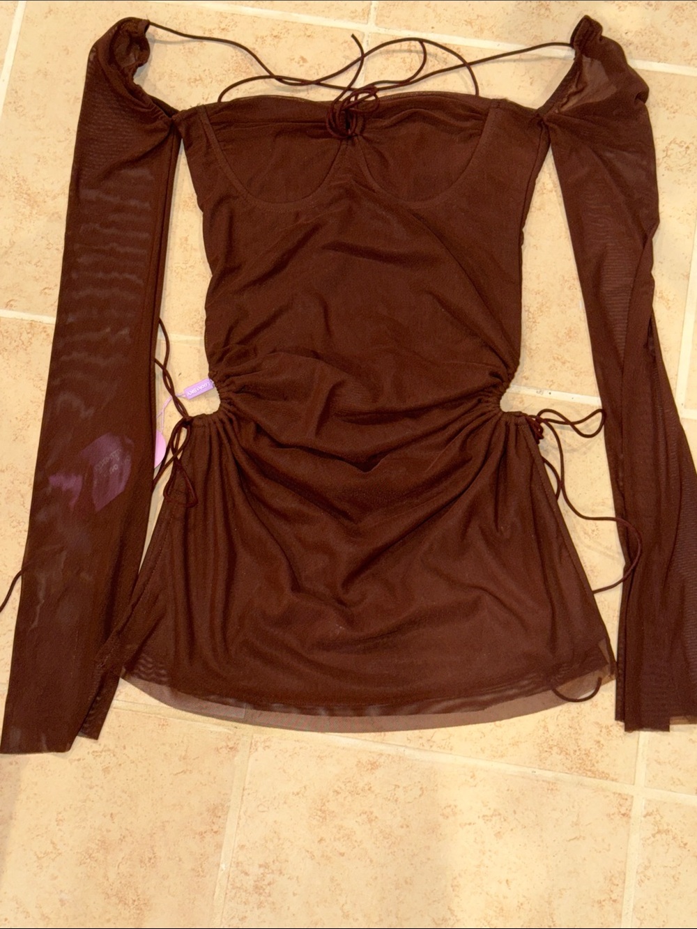 Long-Sleeve Brown Mesh Ruched Tie-Side Dress